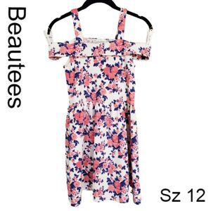 Girls Beautees Sz 12 Off-Shoulder Floral Print Dress White Pink & Blue